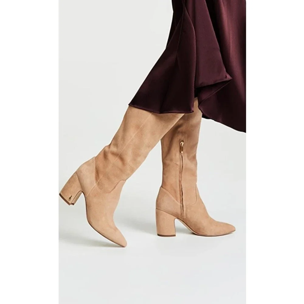 SAM EDELMAN Hai Knee-High Pointed Toe Block Heel Suede Beige Boots 6.5M NW0B
